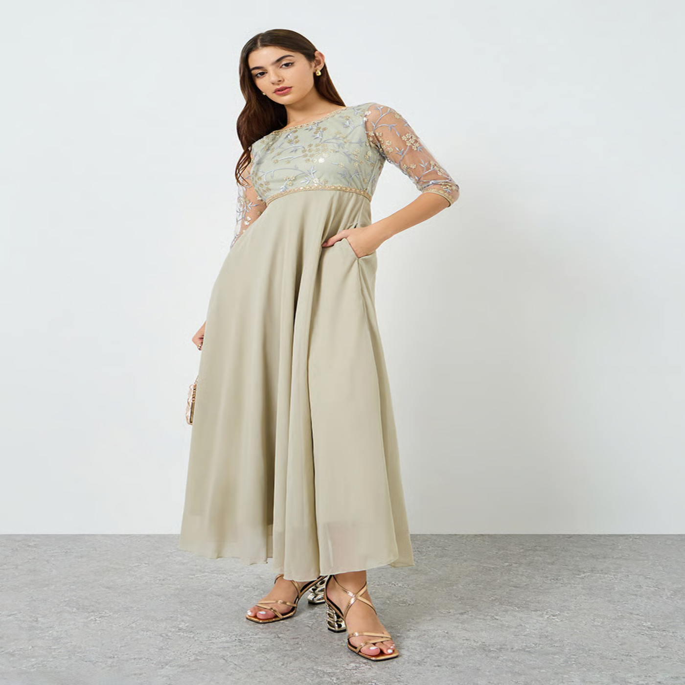 Women's Embellished Shirt Maxi Dress - Beige